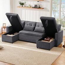 Schlafsofa mit Schlaffunktion, U-förmiges Sofa, Polstersofa, Baumwoll-und Leinenstoffe, mit Getränkehalter, Stauräume, geeignet für Familien, Wohnzimmer usv. Video verfügbar [old sku:N653P9745GG] - Grau - Übersicht 4
