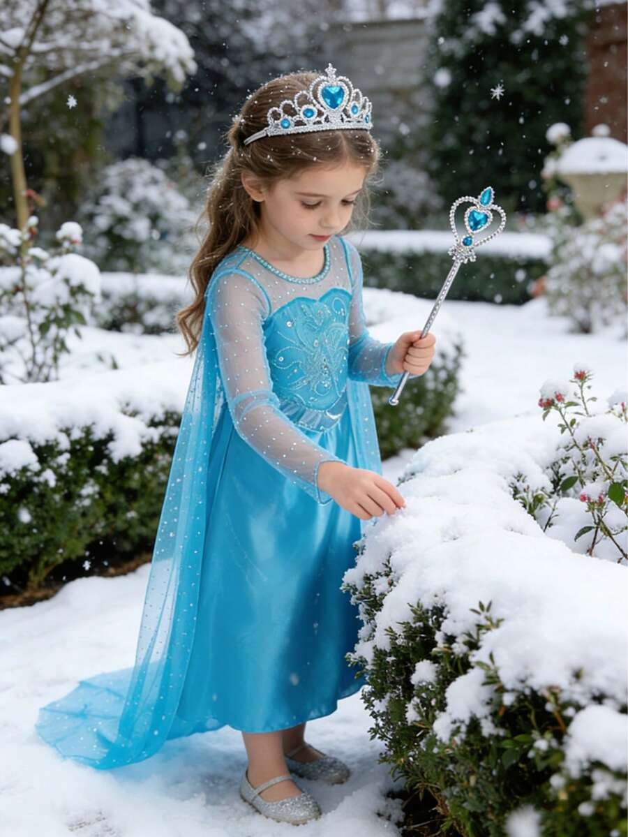 女童公主长袖连衣裙，蓝色雪花公主薄纱裙，适合小女孩参加嘉年华、复活节、万圣节派对的服装 - 藍色 - 查看 1