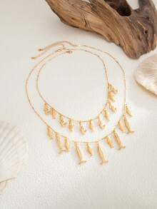 3pcs Bohemian Style Metal Ocean Animal Pendant Multilayer Necklace, Creative Fashion Metal Fish Tassel Necklace, Suitable For Women's Daily Wear, Summer Beach Holiday Jewelry Set - Yellow Gold - View 4
