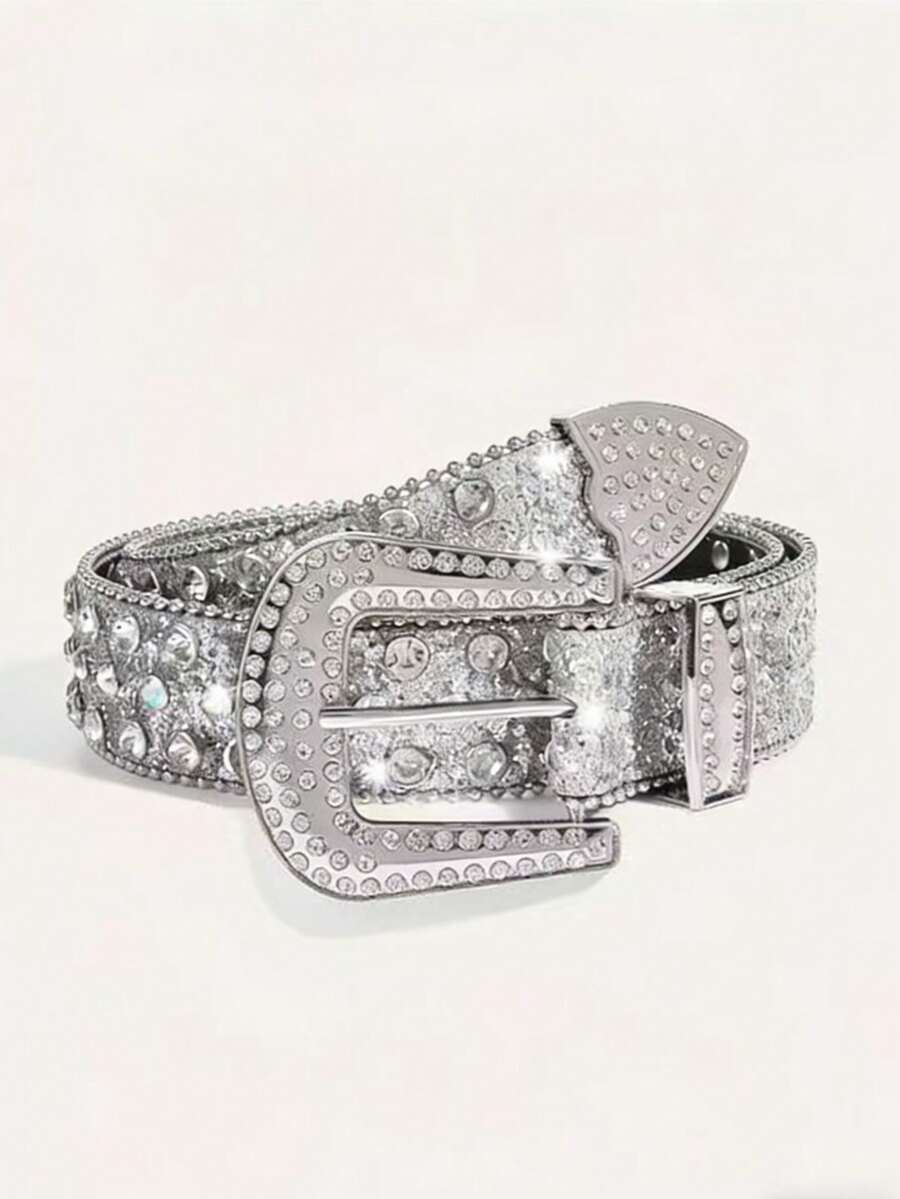 1pc Men's Heavy-Duty Rhinestone Embellished Belt, Suitable For Party And Daily Wear - Silver - View 1