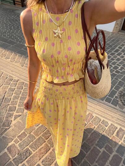 Vestido de tirantes de 2 piezas con lunares amarillos para mujer HoloChill, con volantes en el busto, crea un estilo casual bohemio-chic, adecuado para verano, vacaciones, fiestas, playa, atuendo elegante