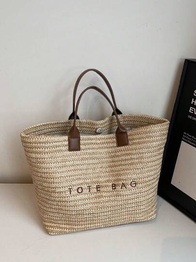 New Fashion Large Capacity Letter Decor Woven Straw Tote Bag, Multi-Functional Commuter Casual Vacation Woven Straw Handbag, Suitable For Commuting, Shopping, Beach Vacation And Beach. , Office, Holiday, Woven Bag, Straw Bag