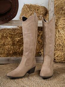 新款时尚百搭V型靴，尖头厚底粗跟，西部牛仔靴，适合度假、音乐节、万圣节等场合。 - 卡其色 - 查看 2