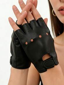 1 Pair Men's Street Dance Half Finger Leather Gloves, Suitable For Nightclub Pole Dancing, Dance Performances - Black - View 5
