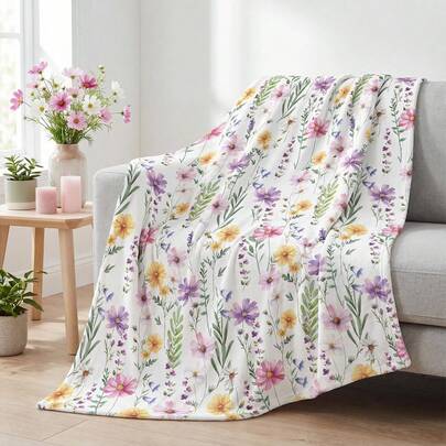 Spring Summer Flannel Blanket Throw, Watercolor Wildflowers Fleece Soft Fuzzy Plush Cozy Fleece Blankets For Couch Sofa Bed Lounging, Ideal Gifts For Adults Self