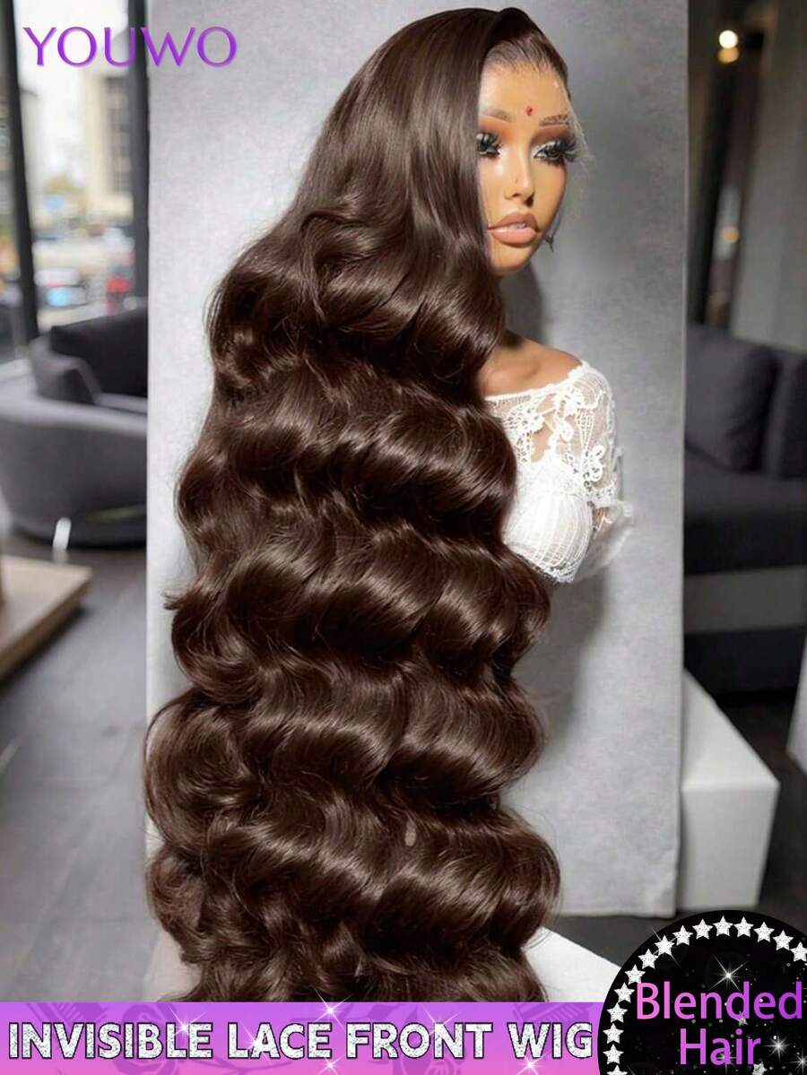 棕色 13x4 高清透明蕾丝前额假发，带婴儿发，波浪卷发，混纺真人发蕾丝前额编织假发，巴西原生发，适合女性，尺寸 8-34 英寸