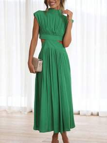 Women's Long Dress With High Neck, Sleeveless, Elegant Women's Dress With Side Cutouts And Pockets - 綠色 - 查看 5