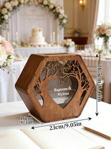 Caixa de madeira personalizada para cartões de casamento (1 unidade), caixa hexagonal personalizada com recorte de árvore e coração, porta-cartões rústico de madeira com nomes e data do casal, caixa para guardar dinheiro e cartões de casamento, caixa de lembranças personalizada para casamento, festa de noivado, chá de panela, presente ideal para noiva, noivo e casal, itens de casamento, presentes personalizados. - Multicolorido - Ver 6