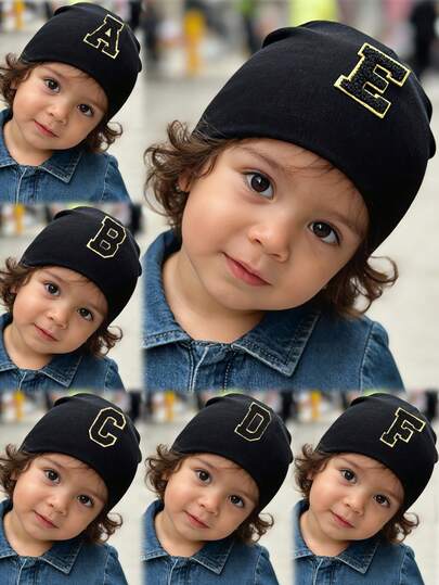 A Must - Buy! 1PC Infant's Black Knit Cap, A - Z Gold - Label Letters Show Personality, Soft Stretch And Versatile For Head Protection