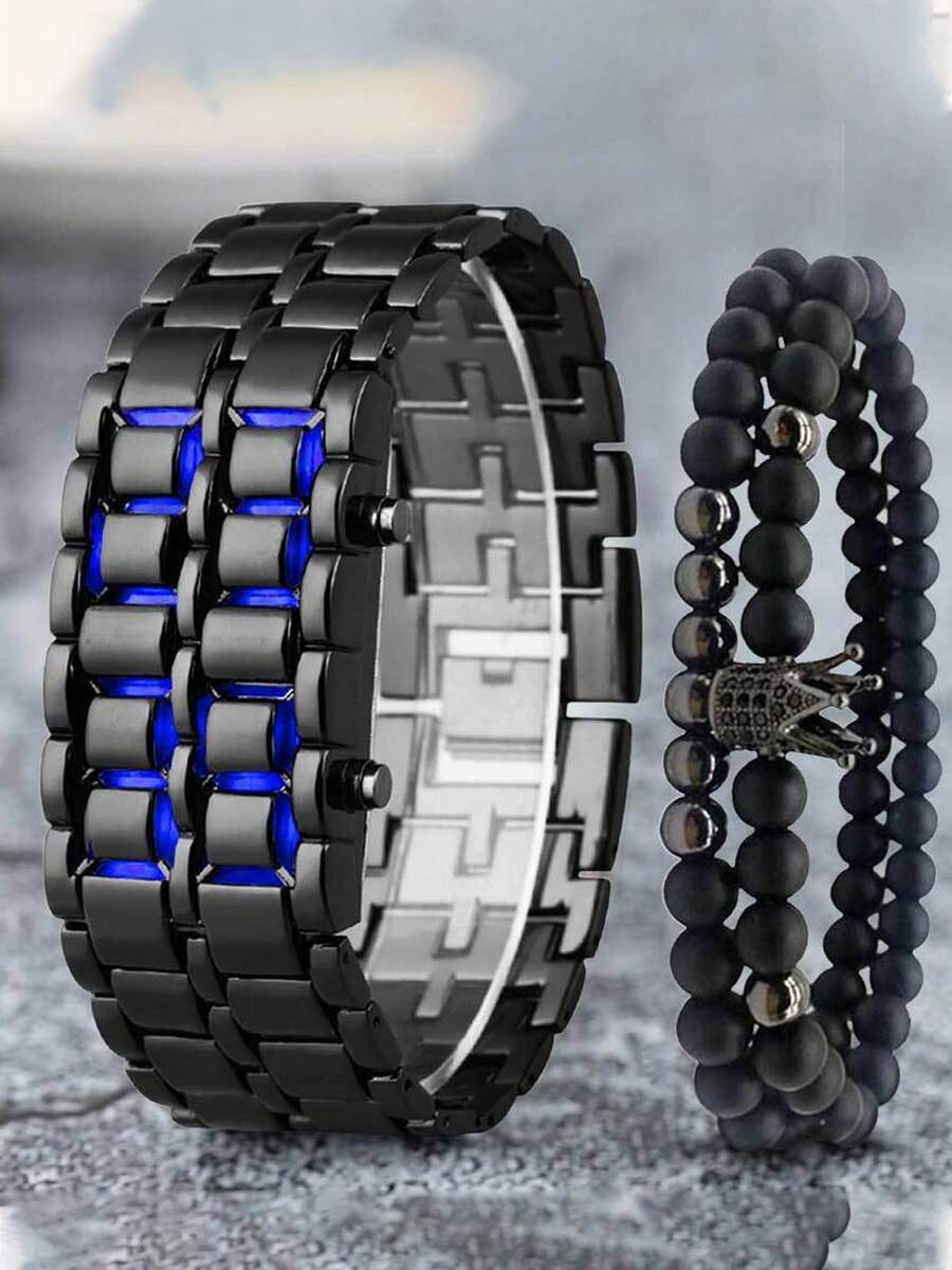 2pcs/Set Fashionable New Business Men's Stainless Steel Band LED Electronic Watch, Suitable For Daily Decoration - Black - View 1