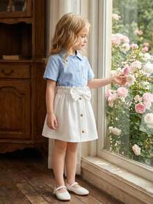 3pcs Girls' Summer Versatile Skirt Set, Paired With Cute Bow Design, Suitable For Spring & Summer Daily, School, Party Wear - Multicolor - View 11