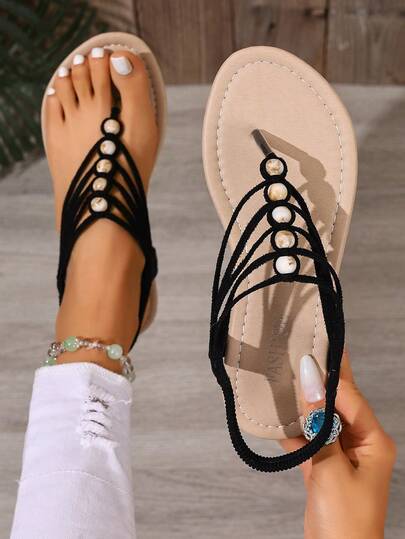2026 New Summer Women's Flat Sandals, Beaded, Fashion, Round Toe, Thin Strap, Black, Thong, Bohemian Style, Vacation, Ladies Flat Shoes