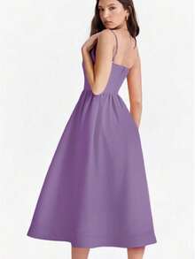Gaun Wanita Ukuran Besar Warna Polos Seksi Leher U dengan Pinggang Berkerut dan Model Mengembang, Gaun Pesta Elegan Musim Panas - Purple - View 7
