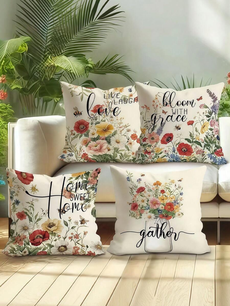 4pcs Spring Floral Bee PolyesterShawl Pillowcase- Comfortable Soft Decorative Pillowcase With Vivid Wildflowers And Butterflies, Machine Washable Polyester, Zippered Bedroom, Living Room Or Sofa Decoration - Red - View 1