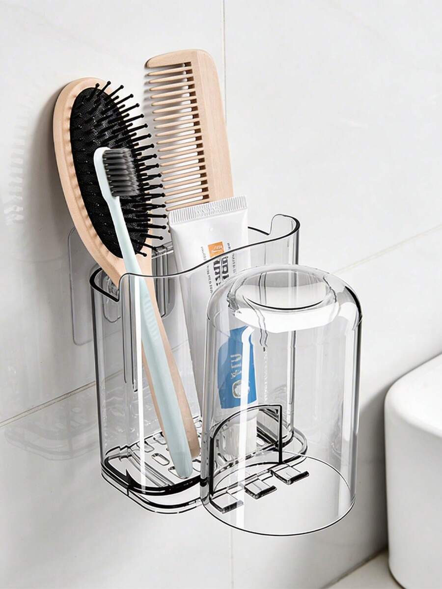 1pc Transparent Toothbrush Holder, Compartmentalized Wall-Mounted Storage Rack, Multi-Functional Bathroom Storage Accessory, Creative Drill-Free Bathroom Organizer For Storing Toothbrush Supplies, Combs And Razors, Home Bathroom Decor - Clear - View 1