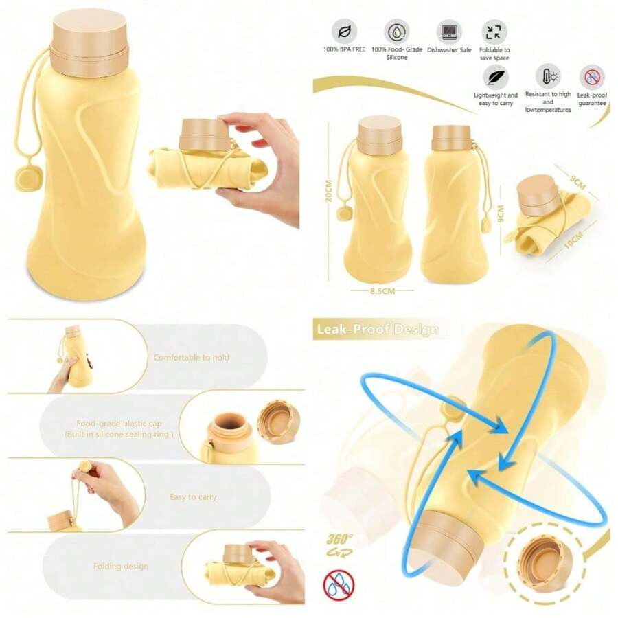 Foldable Leak Proof Silicone Water Bottle 650ml Reusable  Free Lightweight Portable For Travel Camping Hiking Sports Gym Yellow - 1 - 查看 1