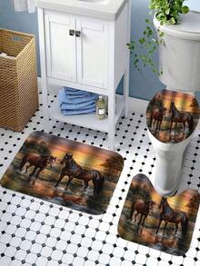 1/4pcs Creative Sunset Horse Drinking Water Pattern Shower Curtain Set, Bathroom Curtains, Including Non-Slip Rug, Toilet Mat, Bath Mat, Opaque Shower Curtain And 12 Durable Hooks, High-Quality Bathroom Decor And Accessories, Suitable For All Styles Of Home Furnishings - Nhiều màu - Xem 7
