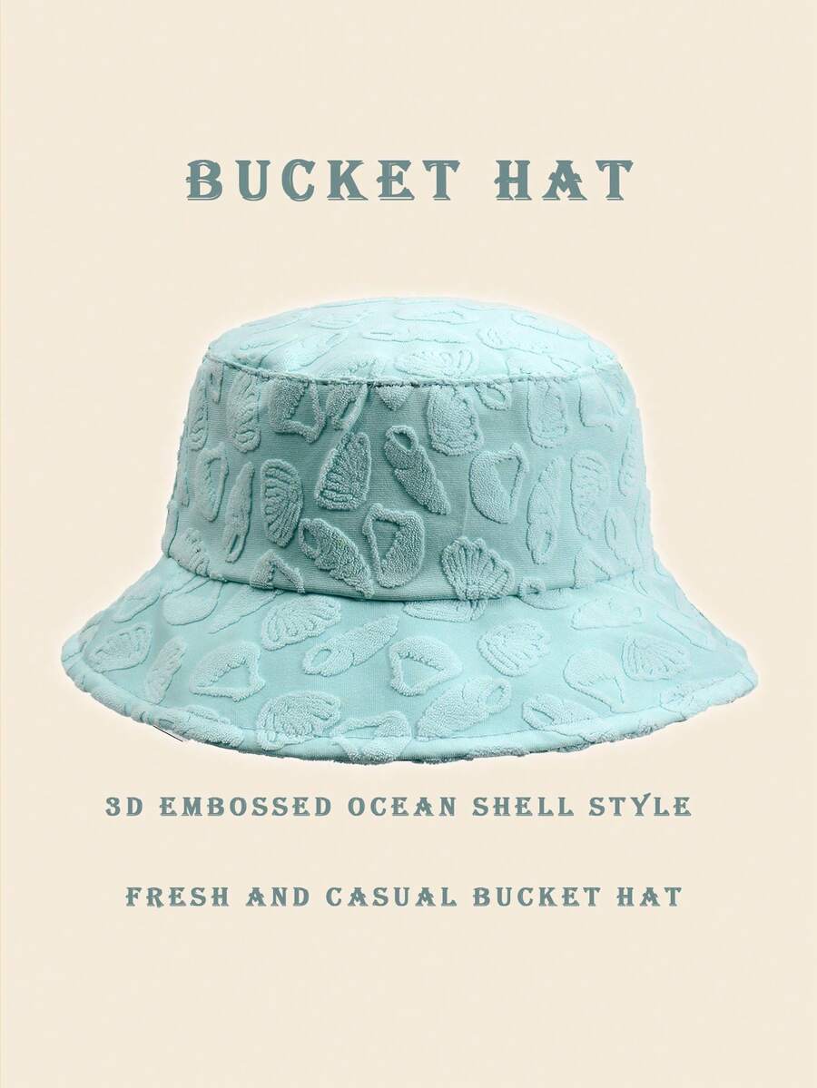 1pc Casual Sunwave Polyester Fiber (Polyester) Shell Jacquard Decor Bucket Hat, Geometric 3D Pattern, Suitable For Spring, Summer, Autumn, Winter - Seashells and Sea Foam Are Blue-green - View 1