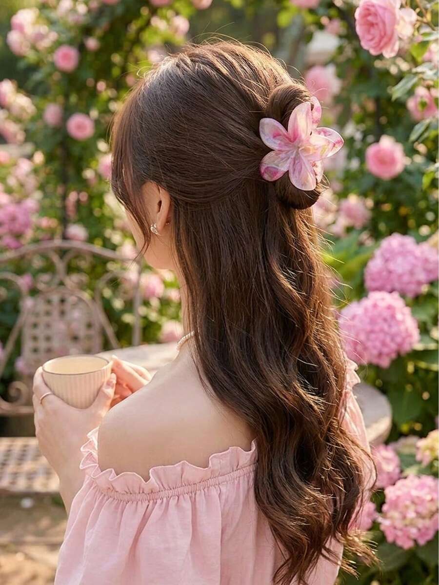 3pcs/Set Spring & Summer Boho Sweet Gradient Pastel Pink Daisy Flower Marble Pattern Hair Claws, Chic & Natural For Beach Hair Accessories Flower Hair Clips, School Stuff, College Fashion Hair Claw Clips Autumn Accessories Fall Winter For Vacation Outfits Woman,Holiday,Travel - Multicolor - View 1