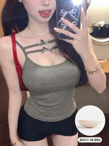 Spring/Summer Bowknot Camisole Top With Padded Bust, Sexy Sleeveless Cropped Tank Top For Women Casual - Gray - View 8