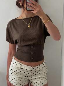 HoloChill Women Off-Shoulder Batwing Sleeve Knit Top, High Stretch Fabric, Button Detail, Regular Length, Asymmetric Hem, Summer Blouse, Women's Spring Clothing, Women's Holiday Party Top, Women's Beach Outfit, Women's Casual Outerwear, Women's Elegant Summer Vacation Wear - Coffee Brown - View 4