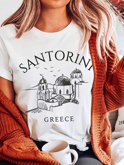 Santorini Shirt, Greek Iand , Greece T-Shirt - Uni0G Heavyweight % Cotton T-Shirt.  With Butterfly Print Pattern, Suitable For Girls And Wo's Short Sved Round Neck Inspirational Shirt, Cute Aesthetic YK Ste Summer Top, Suitable For Outdoor, Family, Work Or Street Wear Casual Loose Daily T-Shirt