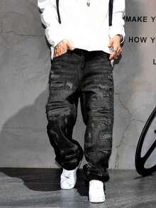 Vintage American Streetwear Style Distressed Patch Loose Fit Wide Leg Jeans, Relaxed Straight Cut Denim Pants For Men - 中等水洗 - 查看 9