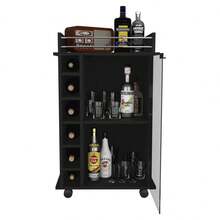 Carrito de Bar Vegas, Mueble de Dos Niveles con Puerta de Vidrio, Seis Compartimentos para Licores en el Interior - Negro + Tablero de partículas + Melamina - Ver 7