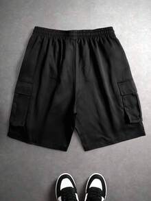 Plus Size Men's Black Cargo Shorts, Multi-Pocket Casual Street Style Practical Summer Shorts - Black - View 5
