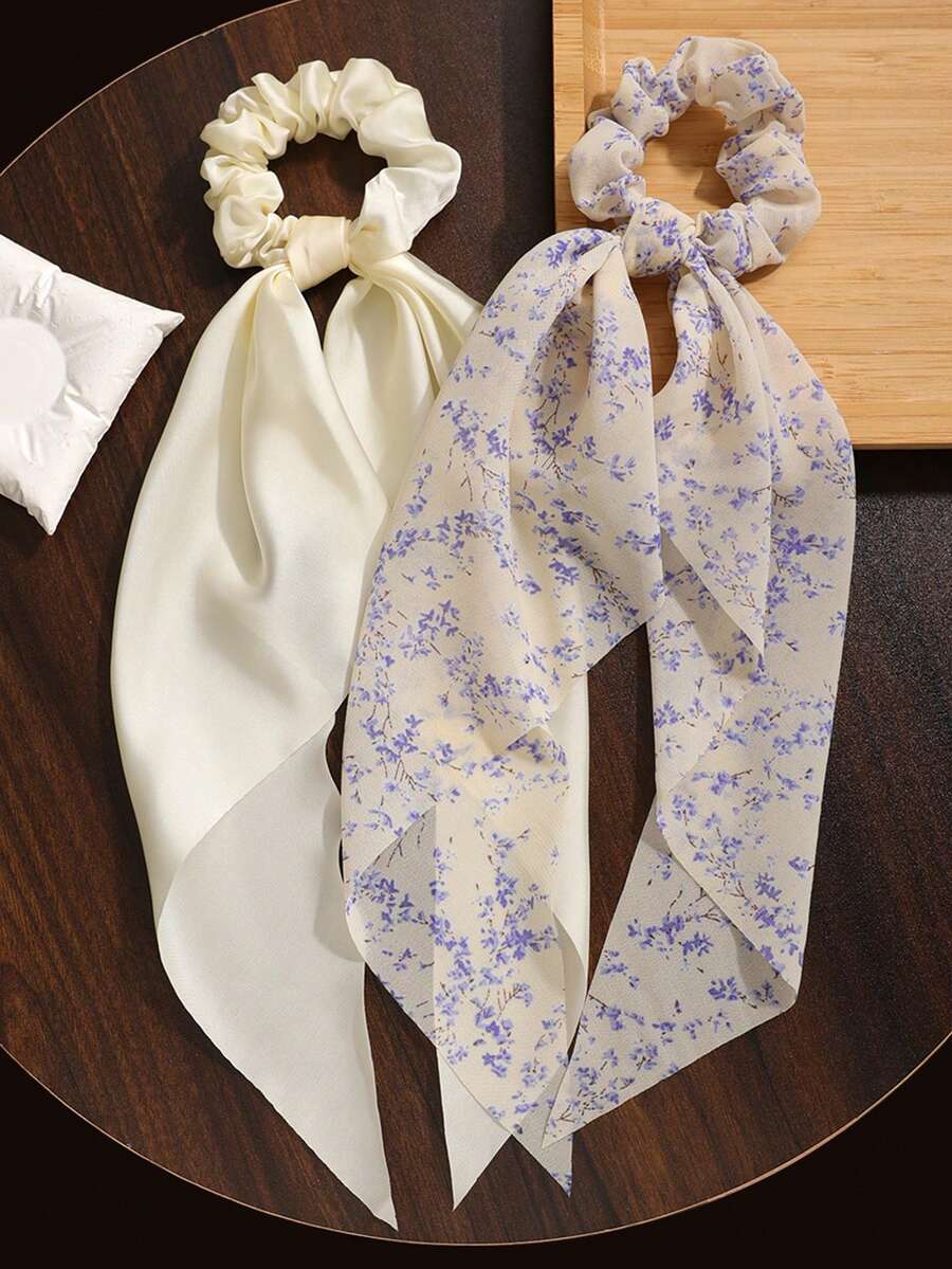 2件套纯色雪纺花卉围巾披肩，波西米亚宫廷风休闲涤纶配饰，适合所有季节，可作马尾辫发圈、发绳、发圈，节日、派对适用。