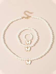 1 Set (3pcs) Butterfly Pendant Pearl Necklace, Bracelet, And Ring Set - White - View 1