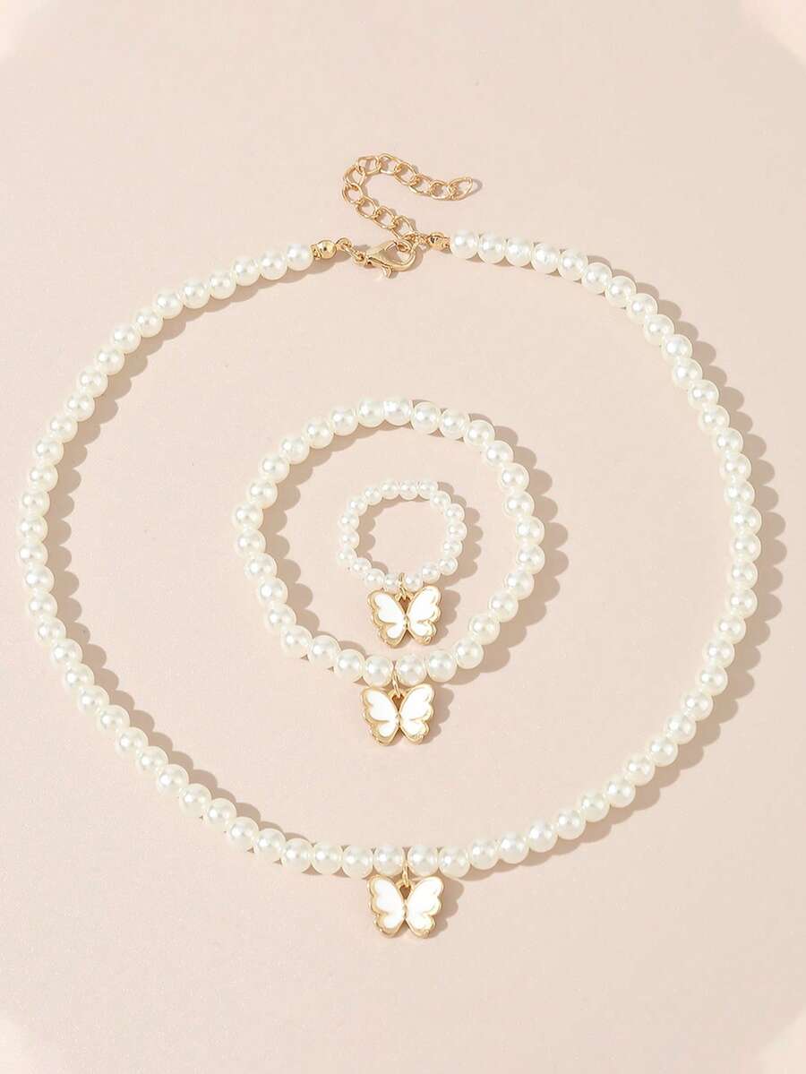 1 Set (3pcs) Butterfly Pendant Pearl Necklace, Bracelet, And Ring Set - White - View 1