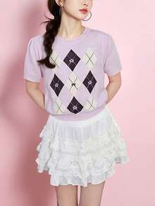 女士休闲菱形圆领套头针织衫，夏季青春活力风 - 粉色 - 查看 5