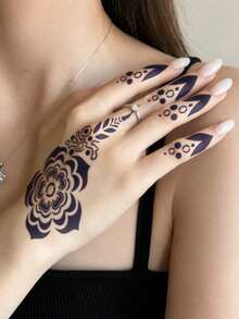Hana Hand-Drawn Hollow Floral Tattoo Stencil - Sexy Floral Pattern, Suitable For Hands, DIY Painting, Ink, Reusable Mandala Design Template Stickers, Suitable For Women Body Party Makeup - Black - View 3