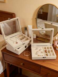 1pc Transparent Window Velvet Jewelry Box, Multi-Compartment Earring Ring Necklace Storage Box, Dust-Proof Anti-Oxidation Jewelry Case - Multicolor - View 2