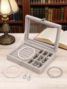 1pc Transparent Window Velvet Jewelry Box, Multi-Compartment Earring Ring Necklace Storage Box, Dust-Proof Anti-Oxidation Jewelry Case - Multicolor - View 5