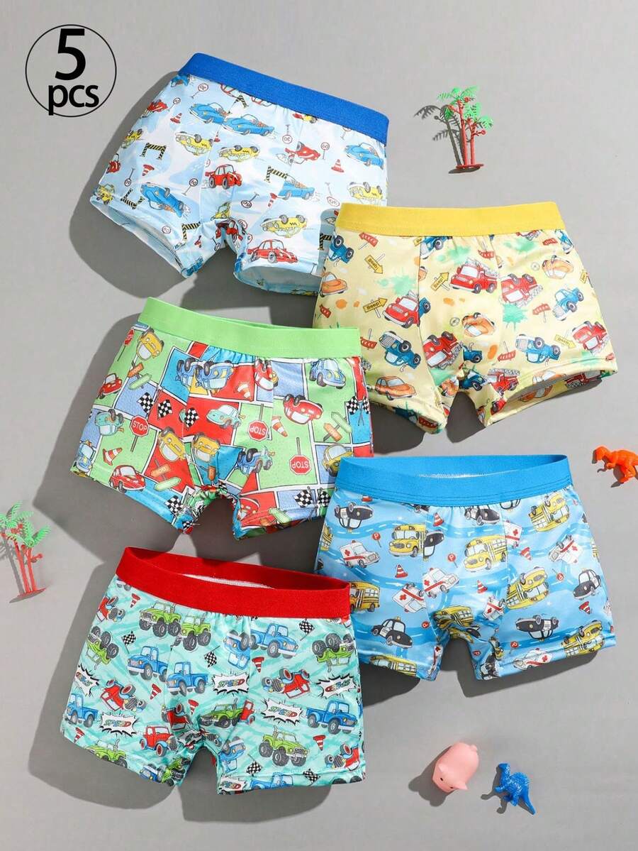 Young Boy 5pcs/Pack Boxer Briefs With Car Racing Print - Multicolor - View 1