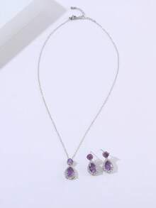Set de 3 piezas: 1 par de pendientes de botón con lágrima de zirconia púrpura lujosos y brillantes y 1 colgante a juego con lágrima de zirconia, conjunto de joyas chapadas en oro de cobre para mujeres - Morado - Ver 5