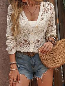 Vacation Style Casual Lace Patchwork Semi-Sheer Button V-Neck Long Sleeve Cardigan Summer - Apricot - View 6