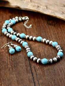Retro Turquoise Necklace Vintage Western Country Earrings Set Female Ancient Silver Color Beaded Jewelry Set - 彩色 - 查看 7