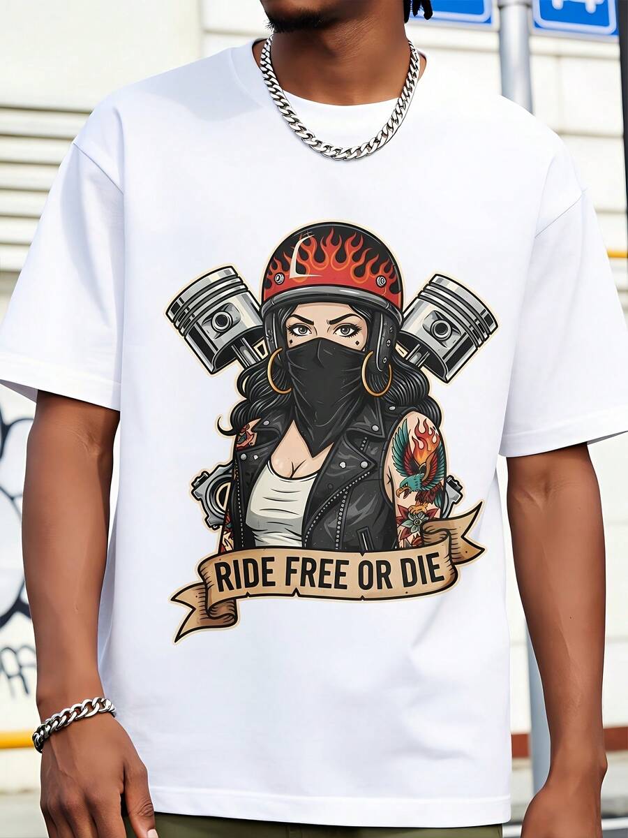 Camiseta de algodón blanco para hombre, estilo motociclista, con el patrón "RIDE FREE OR DIE", informal y versátil, ideal para uso diario y estilo urbano. - Blanco - Ver 1