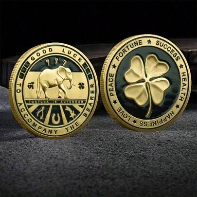 1 pieza, Moneda de la suerte de doble cara - Colección de trébol de cuatro hojas y elefante - Moneda conmemorativa para la felicidad, el éxito, la salud, la paz y