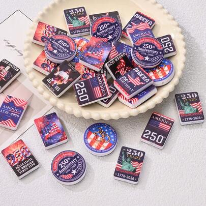 5pcs July 4th Commemorative Silicone Beads, USA Independence 250th Anniversary, Red White Blue/American Flag & Statue Of Liberty Pattern, Round & Rectangle Hole Beads, Suitable For Holiday Celebration, Events, Collection Display, Handmade DIY Jewelry Making, Memorial Gift