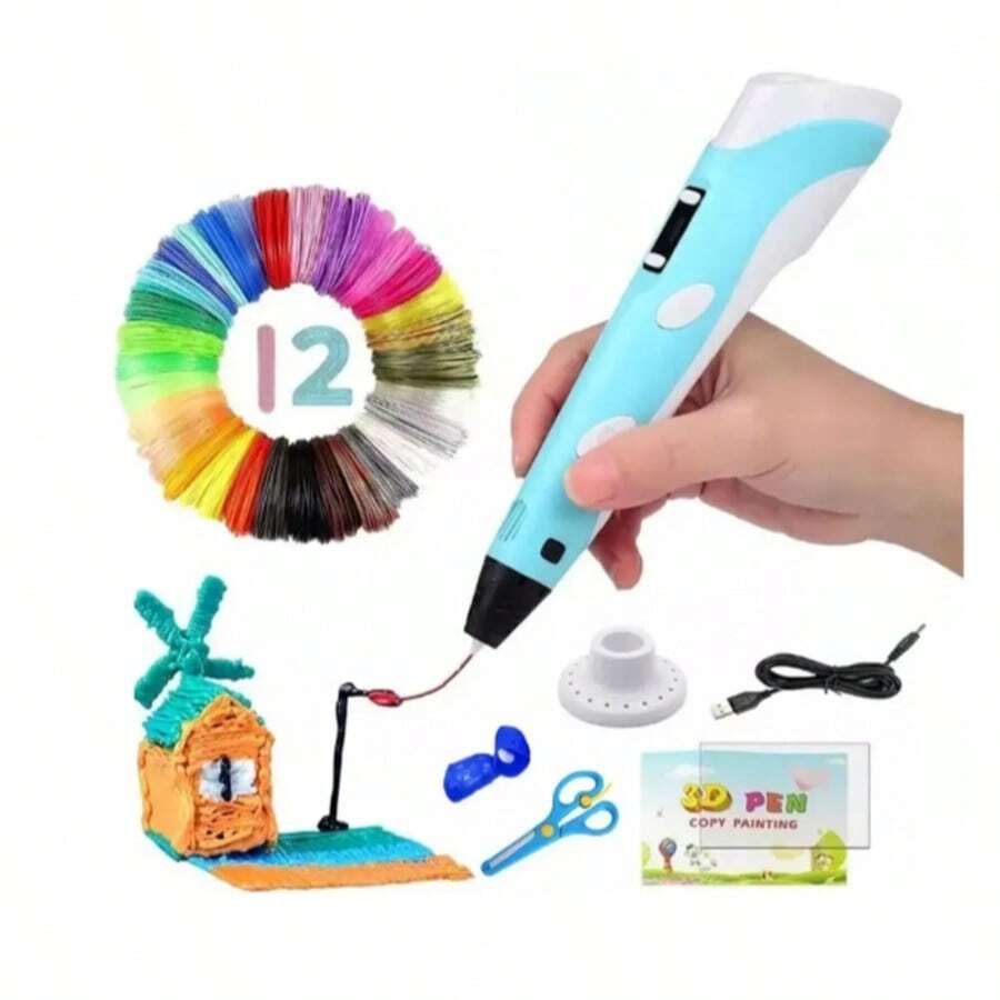 Bolígrafo de impresión 3D, suministros de pintura 3D de grafiti DIY, retracción de un solo botón ajustable a 3 velocidades, adecuado para niños y niñas de 6 a 12 años, regalo de cumpleaños creativo (incluye Fflamento Pla De 12 Colores) - Azul - Ver 1