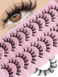 10 Pairs Manga Lashes Faux Mink Eyelashes Natural Full False Eyelashes Volumized Cat Eye Lashes Cosplay Travel Essentials Makeup - Black - View 2