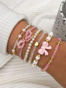 6pcs/Set Fashionable Pink Bow & Heart Beaded Bracelet Set - Pink - View 2