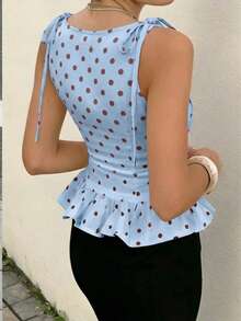 elegante y de moda sin mangas para mujer con volantes y lunares, adecuada para uso diario, ir al trabajo, citas sexys, todas las estaciones, verano - Azul cielo - Ver 3