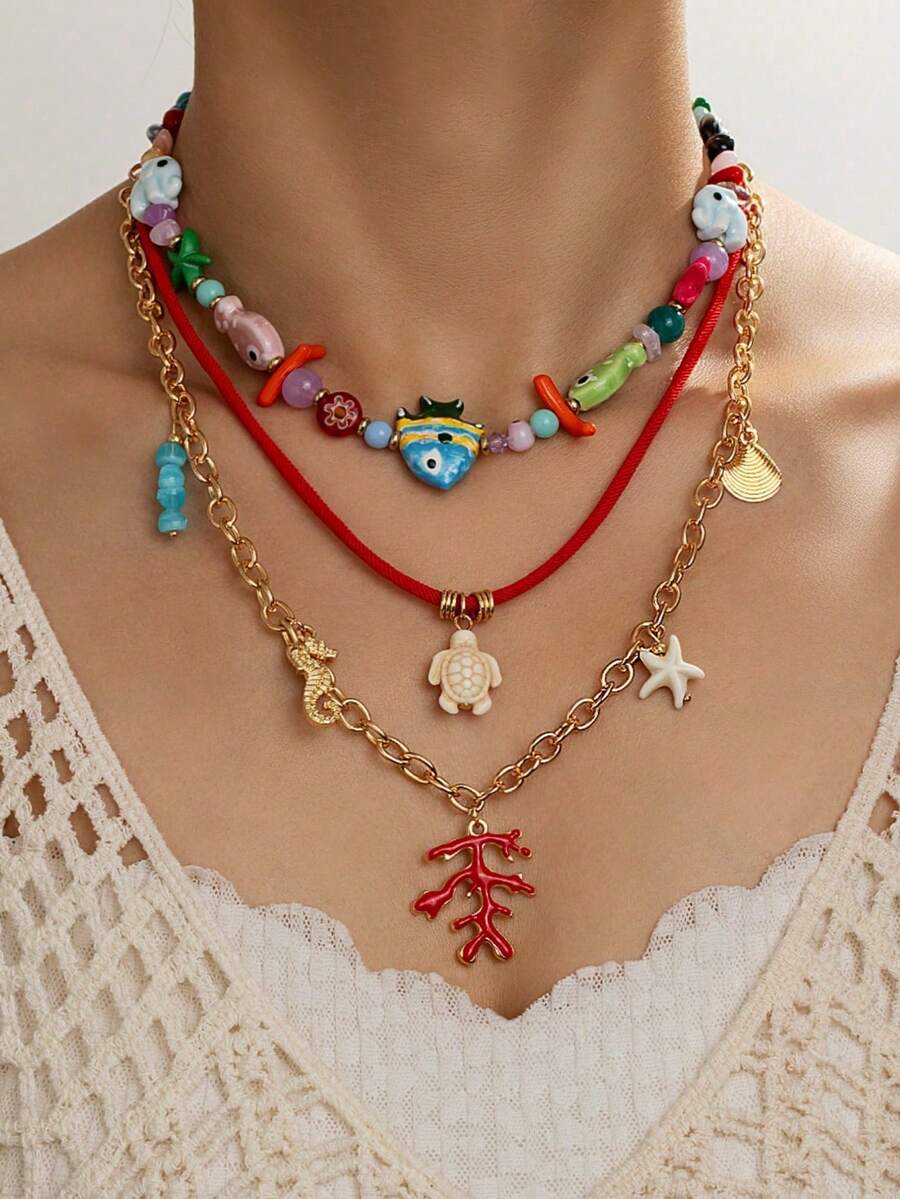 3件套亚克力陶瓷鱼形吊坠珊瑚珠短项链，适合日常佩戴和海滩度假（陶瓷鱼随机搭配） - 彩色 - 查看 1