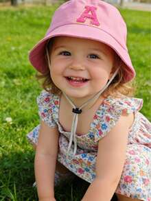 1pc Adjustable Kids Pink Sun Hat, Cute Letter Felt Patch, Breathable Bucket Hat For Outdoor Play, Beach, Travel, Daily Wear, Suitable For 0-4 Years Old - Pink - View 4
