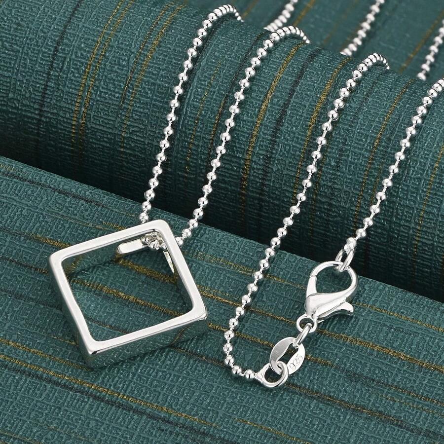 925 Sterling Silver Polished Square Pendant Necklace, 16-30 Inches, Fresh And Elegant Design, Women'S Engagement Jewelry - Silver - View 1